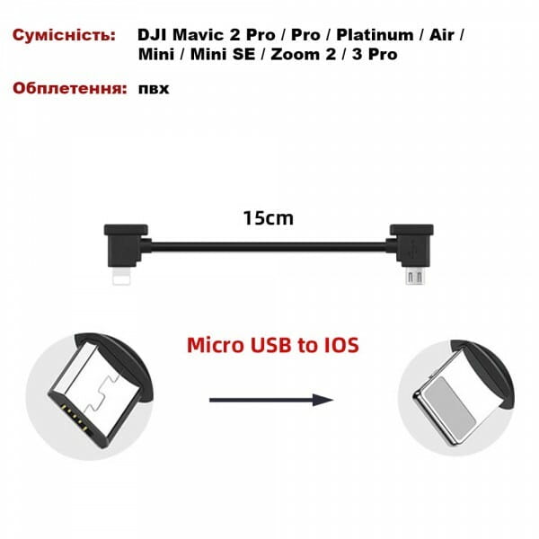 Кабель Goojodoq MicroUSB-Lightning PVC для пульта DJI Mavic 2 Pro / Pro / Platinum / Air / Mini / Mini SE / Zoom 0.15m Black (32866812366P15ML)
