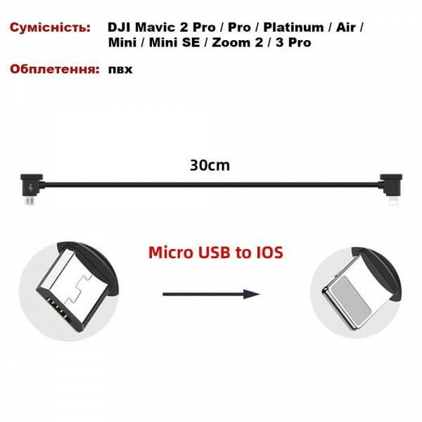 Кабель Goojodoq MicroUSB-Lightning PVC для пульта DJI Mavic 2 Pro / Pro / Platinum / Air / Mini / Mini SE / Zoom 0.3m Black (32866812366P30ML)