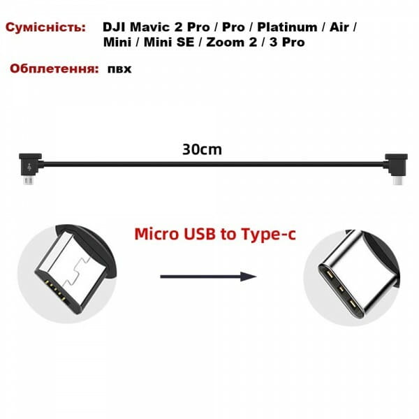 Кабель Goojodoq MicroUSB-Type-C PVC для пульта DJI Mavic 2 Pro/Pro / Platinum / Air / Mini/Mini SE / Zoom 0.3m Black (32866812366P30MT)