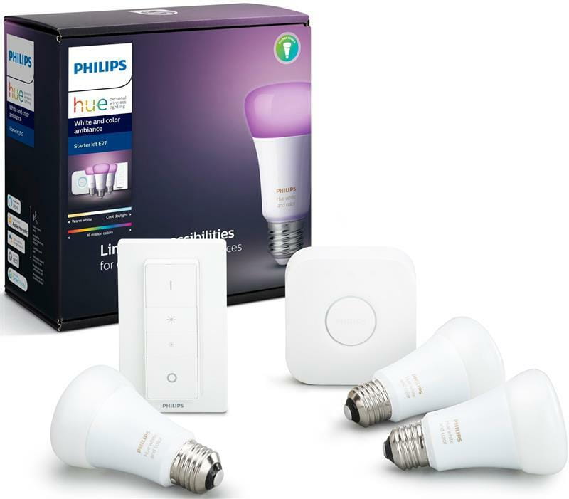 Стартовый комплект умного освещения Philips Hue Color, Bridge, Dimmer, лампа E27 RGB 3 шт (929002216825)