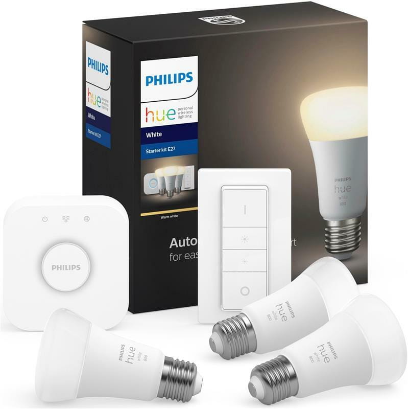 Стартовый комплект умного освещения Philips Hue White, Bridge, Dimmer, лампа E27 White 3 шт (929001821620)