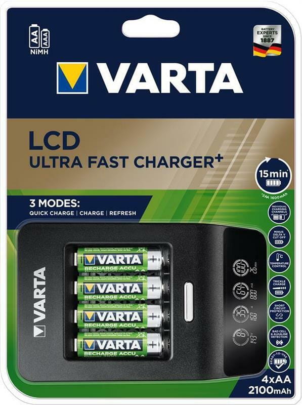 Мережевий зарядний пристрій Varta LCD Ultra Fast Plus Charger + 4 х Ni-Mh AA 2100 mAh (57685101441)