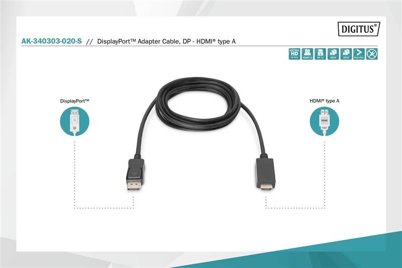 Кабель Digitus DisplayPort - HDMI (M/M), UHD 4K, 2 м, Black (AK-340303-020-S)