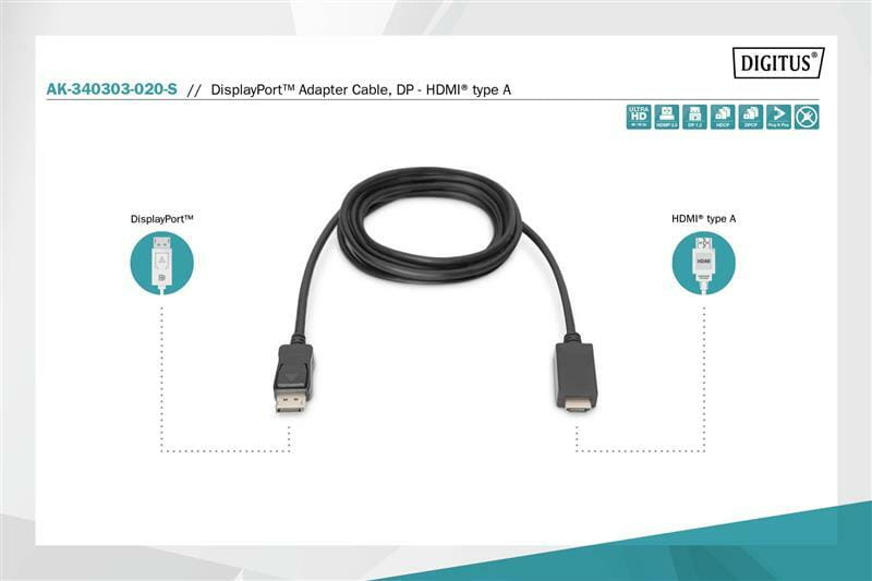 Кабель Digitus DisplayPort - HDMI (M/M), UHD 4K, 2 м, Black (AK-340303-020-S)