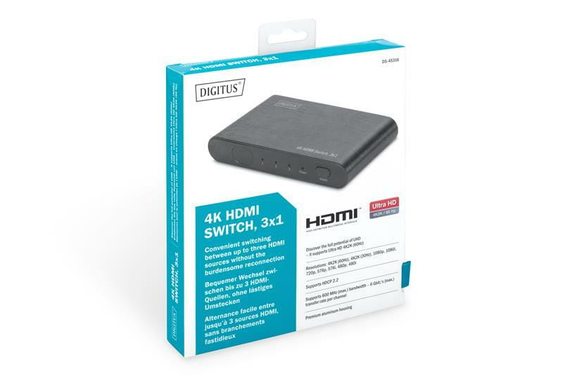 Відеокомутатор Digitus 3xHDMI - HDMI (F/F), High Speed, 4K, Black (DS-45316)