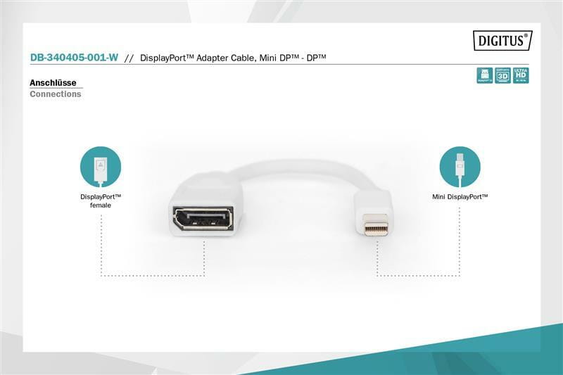 Перехідник Digitus mini DisplayPort - DisplayPort (M/F), 0.15 м, White (DB-340405-001-W)