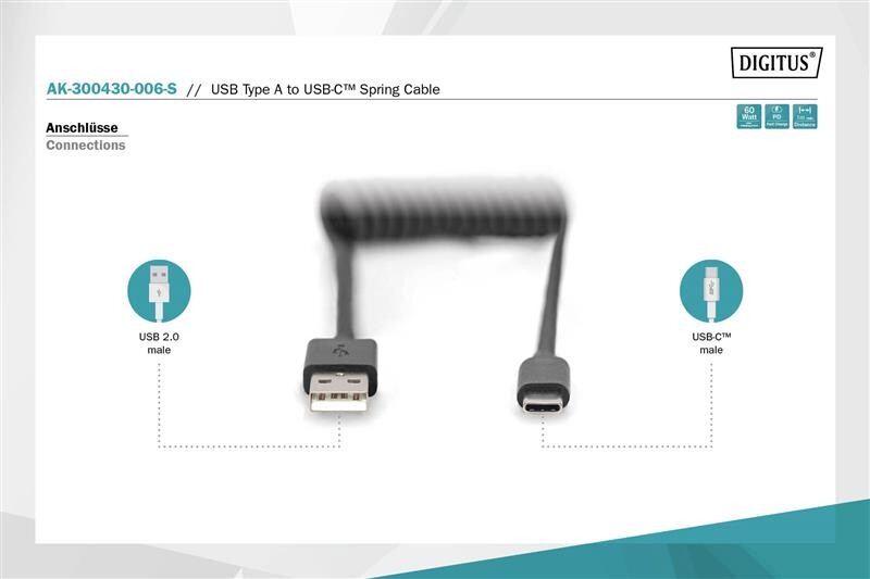 Кабель Digitus USB 2.0-Type-C (M/М), спиральный, 1 м (AK-300430-006-S)