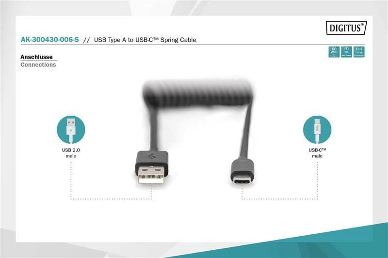Кабель Digitus USB 2.0-Type-C (M/М), спиральный, 1 м (AK-300430-006-S)