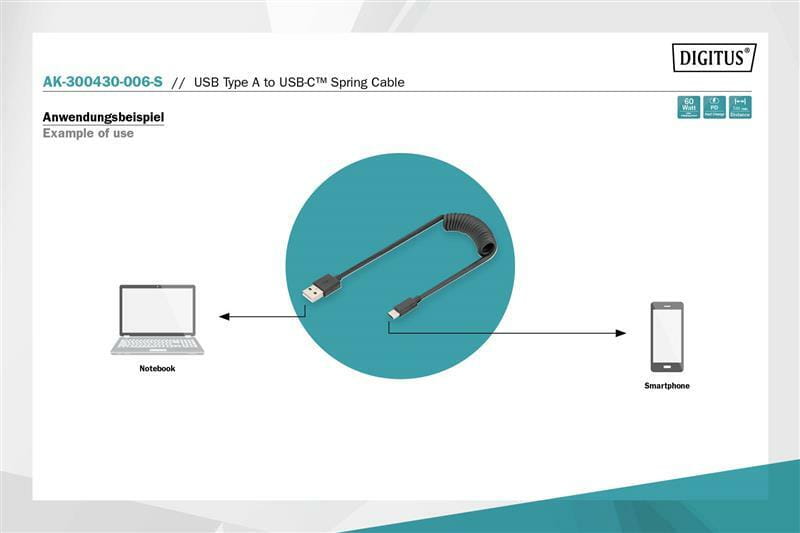 Кабель Digitus USB 2.0-Type-C (M/М), спиральный, 1 м (AK-300430-006-S)