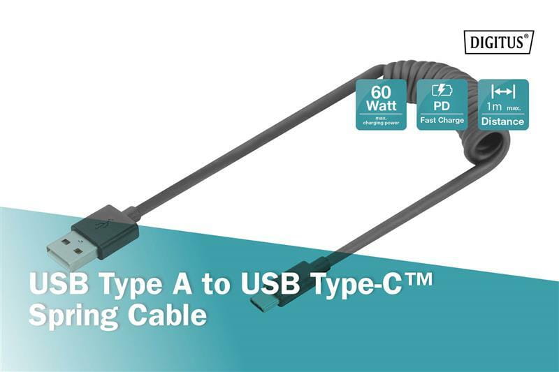 Кабель Digitus USB 2.0-Type-C (M/М), спиральный, 1 м (AK-300430-006-S)