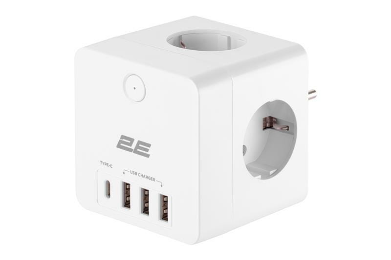 Сетевой адаптер 2E 4XSchuko с защитой от импульсных скачков напряжения, 3*USB-A, 1*USB-C, white (2E-AD431WH)