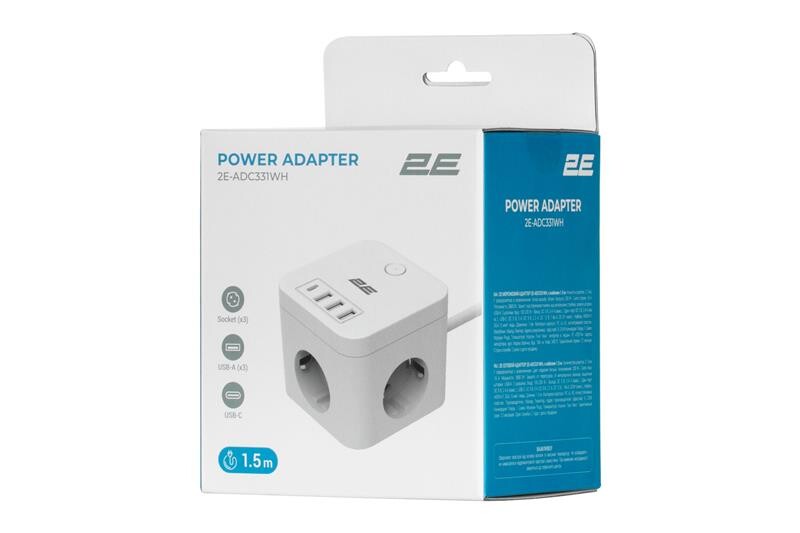 Сетевой адаптер 2E 3XSchuko с защитой от импульсных скачков напряжения, 3*USB-A, 1*USB-C, 1.5м, white (2E-ADC331WH)