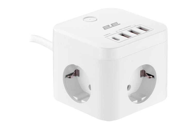 Сетевой адаптер 2E 3XSchuko с защитой от импульсных скачков напряжения, 3*USB-A, 1*USB-C, 1.5м, white (2E-ADC331WH)