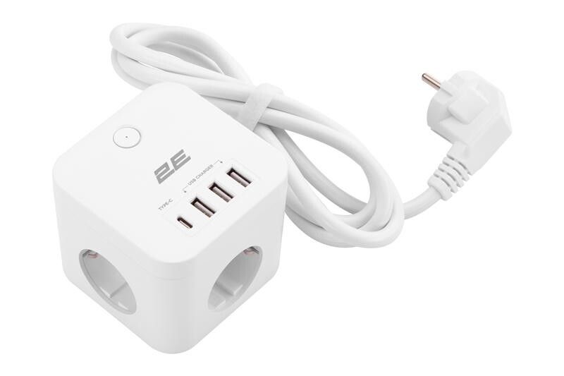 Сетевой адаптер 2E 3XSchuko с защитой от импульсных скачков напряжения, 3*USB-A, 1*USB-C, 1.5м, white (2E-ADC331WH)