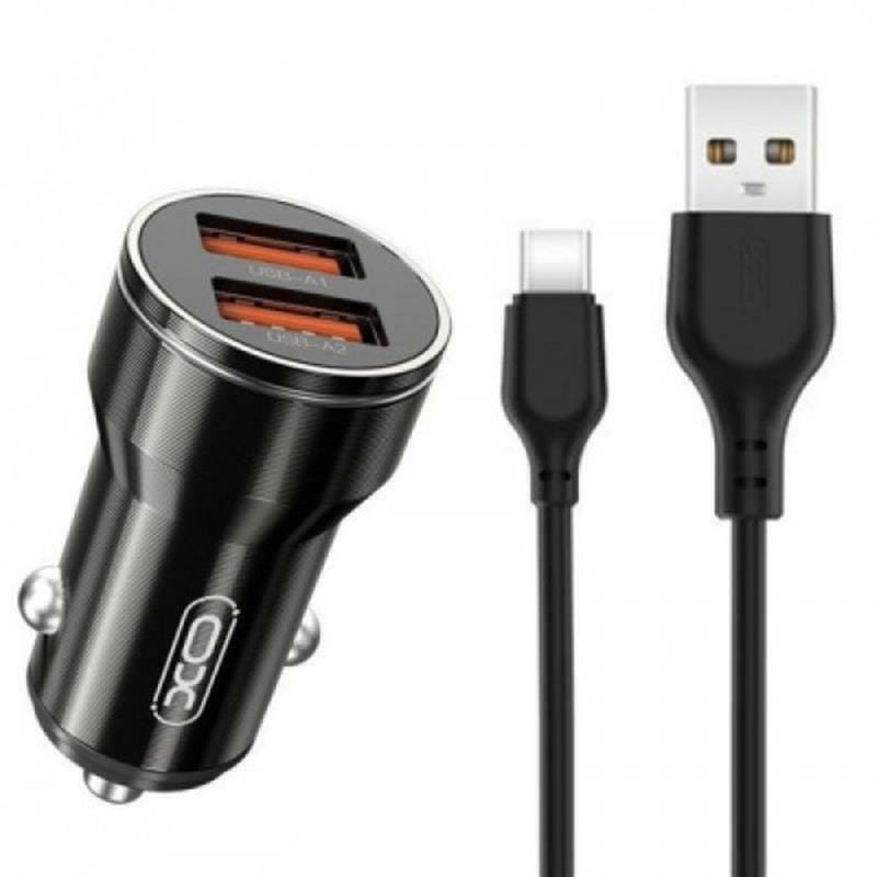 Автомобільний зарядний пристрій XO CC48 Smart Metal (2USB, 2.4A) Black (XO-CC48с-BK) + кабель USB Type-C