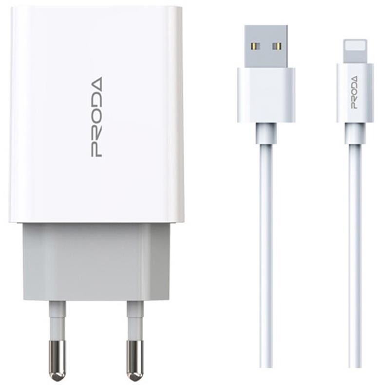 Сетевое зарядное устройство Proda PD-A28i (2USB 2.4A) White (PD-A28i-WH) + кабель Ligthtning