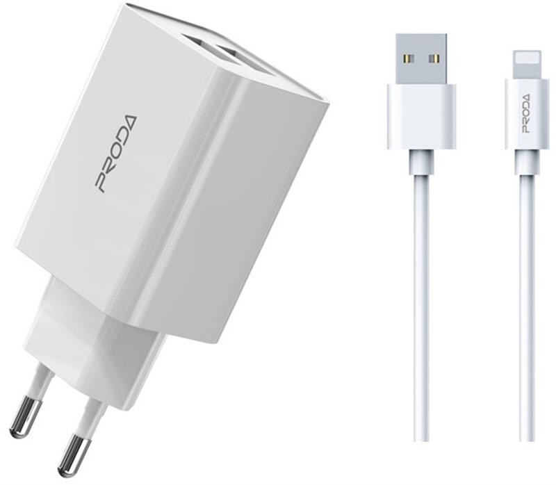 Сетевое зарядное устройство Proda PD-A28i (2USB 2.4A) White (PD-A28i-WH) + кабель Ligthtning