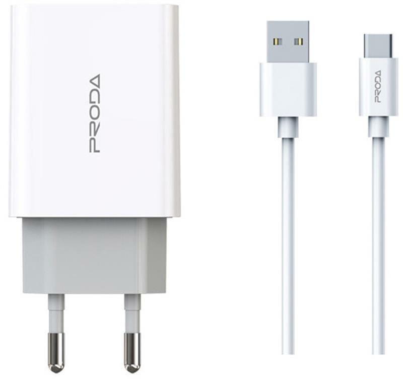Мережевий зарядний пристрій Proda PD-A28c (2USB 2.4A) White (PD-A28c-WH) + кабель USB Type-C