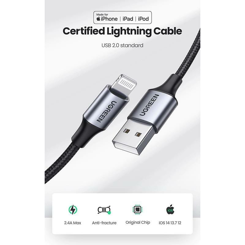 Кабель Ugreen US199 USB - Lightning (M/M), 2 м, Black (60158)