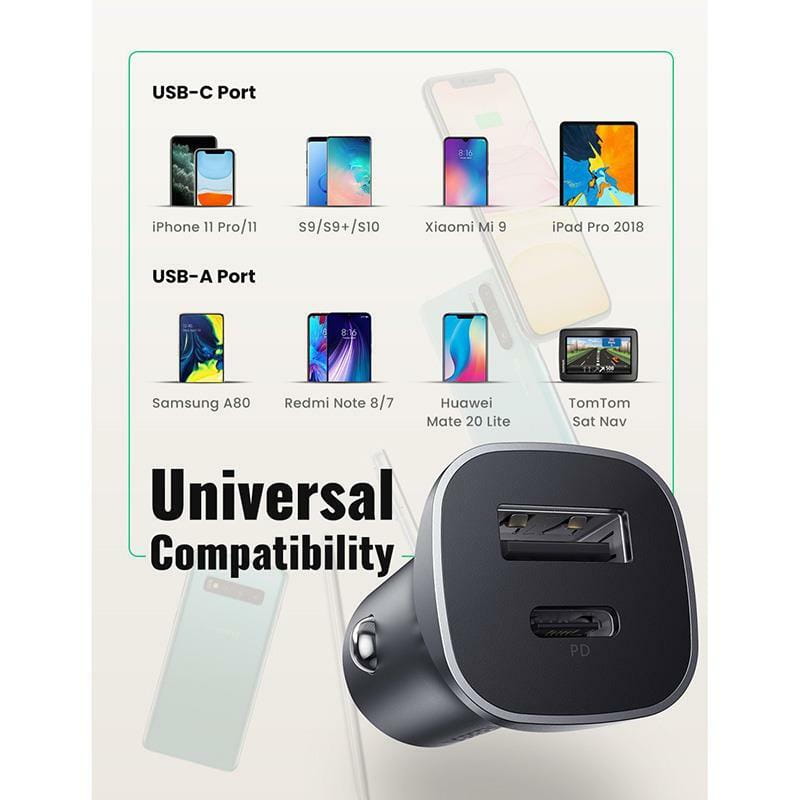 Автомобильное зарядное устройство Ugreen CD130 (2xUSB 20W (USB-C+USB-A) QC 3.0+ Gray (30780)