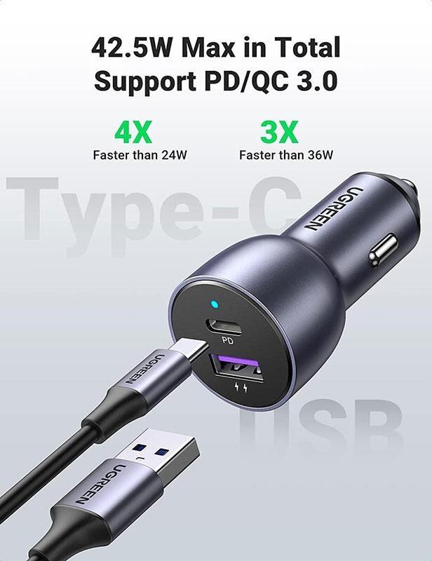 Автомобильное зарядное устройство Ugreen CD213 (2xUSB 36W (USB-C+USB-A) QC 3.0+ Gray (60980)