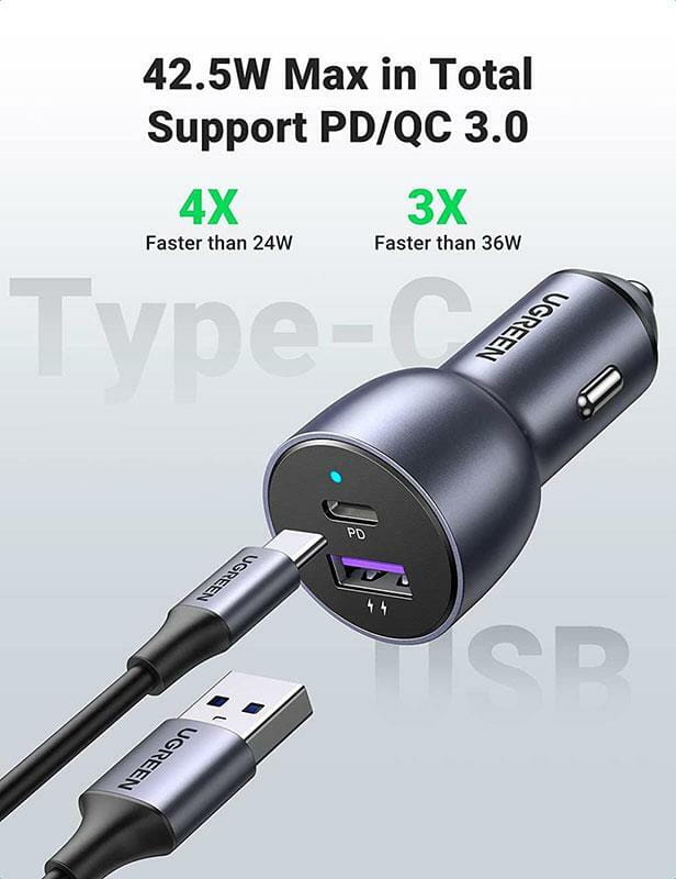 Автомобильное зарядное устройство Ugreen CD213 (2xUSB 36W (USB-C+USB-A) QC 3.0+ Gray (60980)