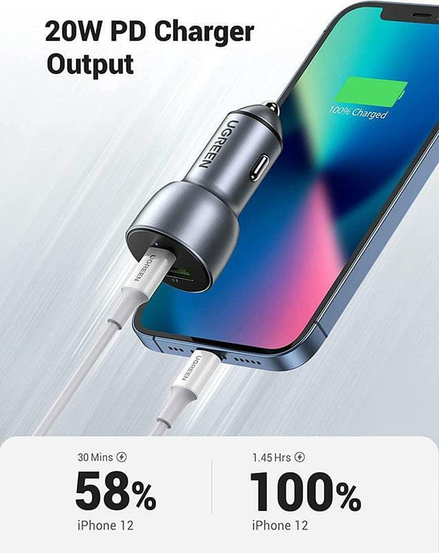 Автомобильное зарядное устройство Ugreen CD213 (2xUSB 36W (USB-C+USB-A) QC 3.0+ Gray (60980)