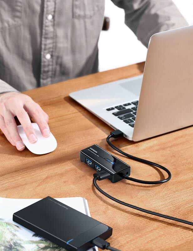 Концентратор USB 3.0 Ugreen 3xUSB 3.0 + RJ45 1000M Ethernet, Black (20265)