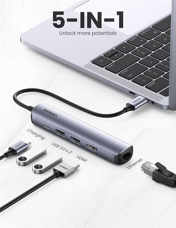 Концентратор USB Type-C Ugreen CM418 2xUSB 3.0 + HDMI + RJ45 1000M Ethernet, Gray (10919)