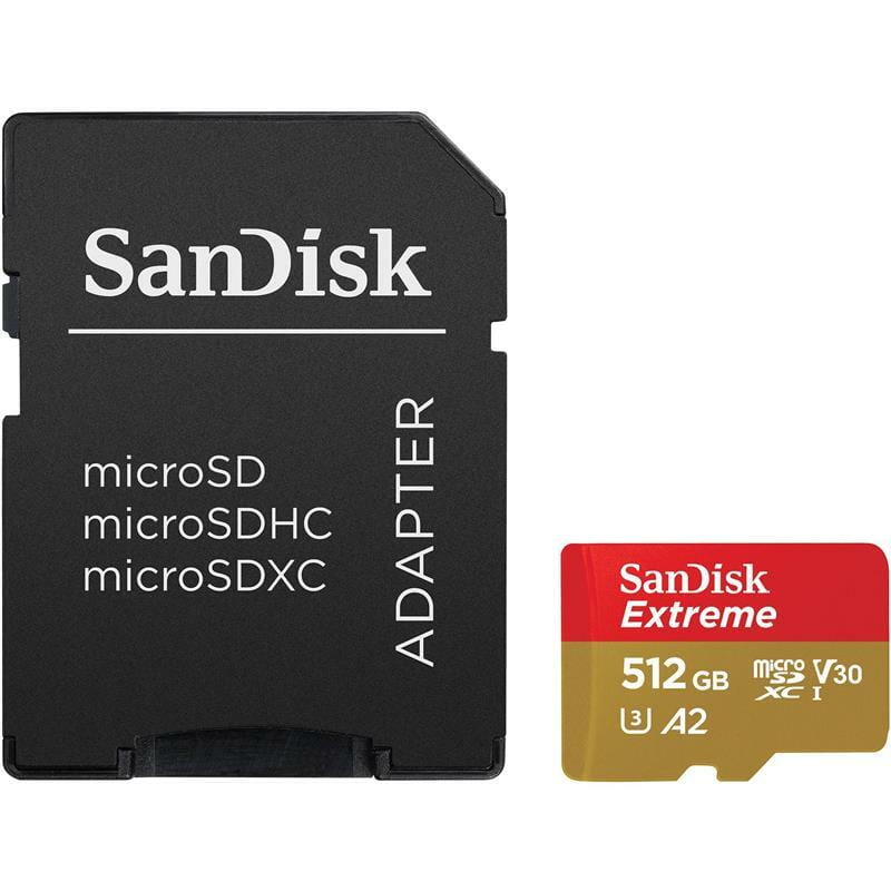 Карта памяти MicroSDXC 512GB C10 UHS-I SanDisk Extreme V30 U3 R190/W130MB/s + SD (SDSQXAV-512G-GN6MA)