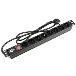 Блок розеток Atcom 1U 19" (PDU-8W-C2С-WS) 8 розеток, с выключателем, алл. корпус, немецкий тип, 2,0 м, черный