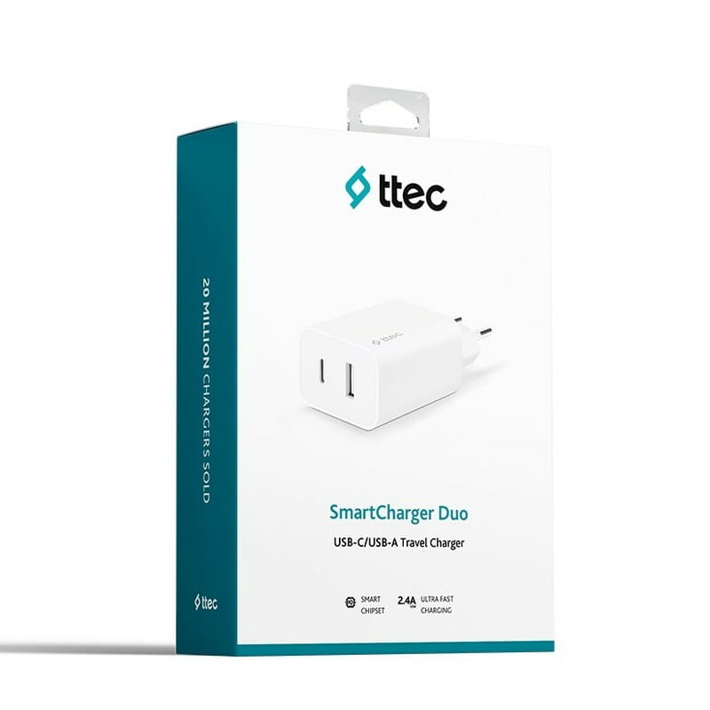 Сетевое зарядное устройство Ttec SmartCharger Duo USB-C/USB-A 2.4А/12Вт White (2SCS25B)