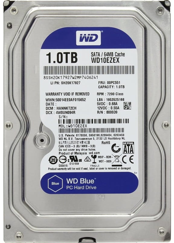 Накопитель HDD SATA 1.0TB WD Blue 7200rpm 64MB (WD10EZEX) Refurbished