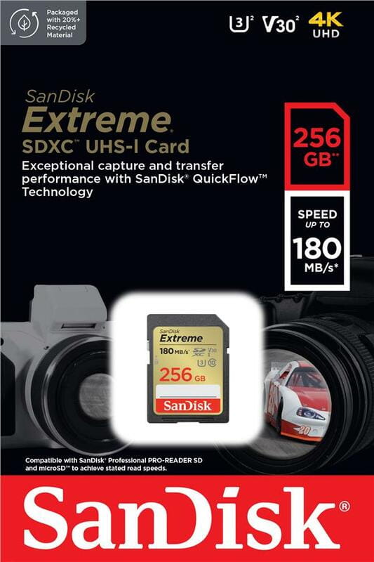 Карта пам`яті SDXC 256GB UHS-I/U3 Class 10 SanDisk Extreme V30 R180/W130MB/s 4K (SDSDXVV-256G-GNCIN)