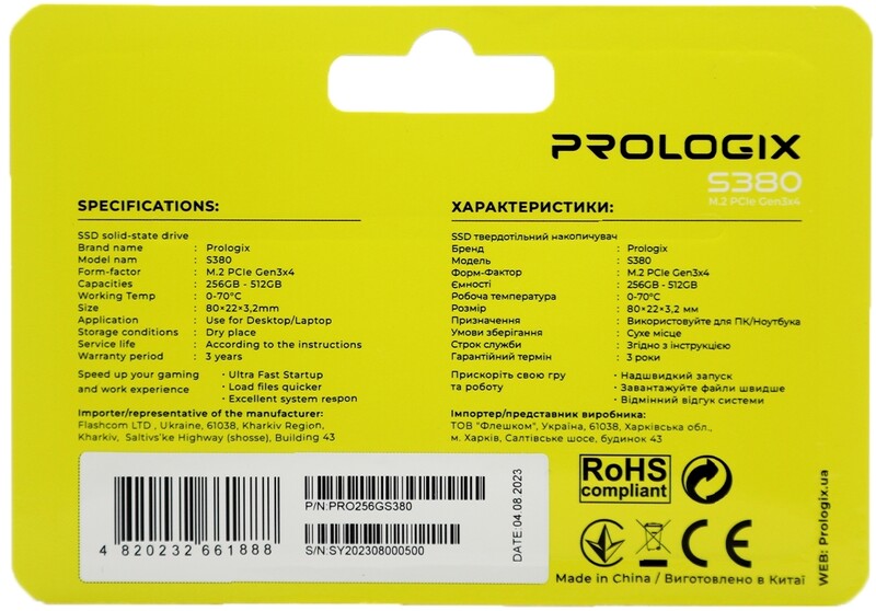 Накопитель SSD  256GB Prologix S380 M.2 2280 PCIe 3.0 x4 NVMe 3D TLC (PRO256GS380)