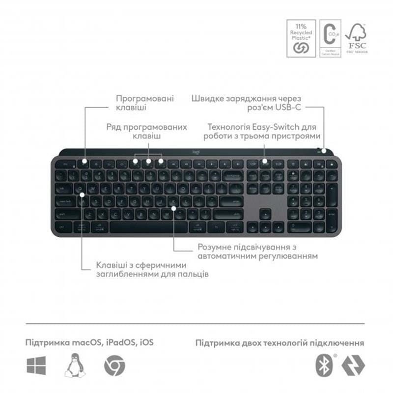 Клавiатура бездротова Logitech MX Keys S Plus Palm Rest Graphite (920-011589)