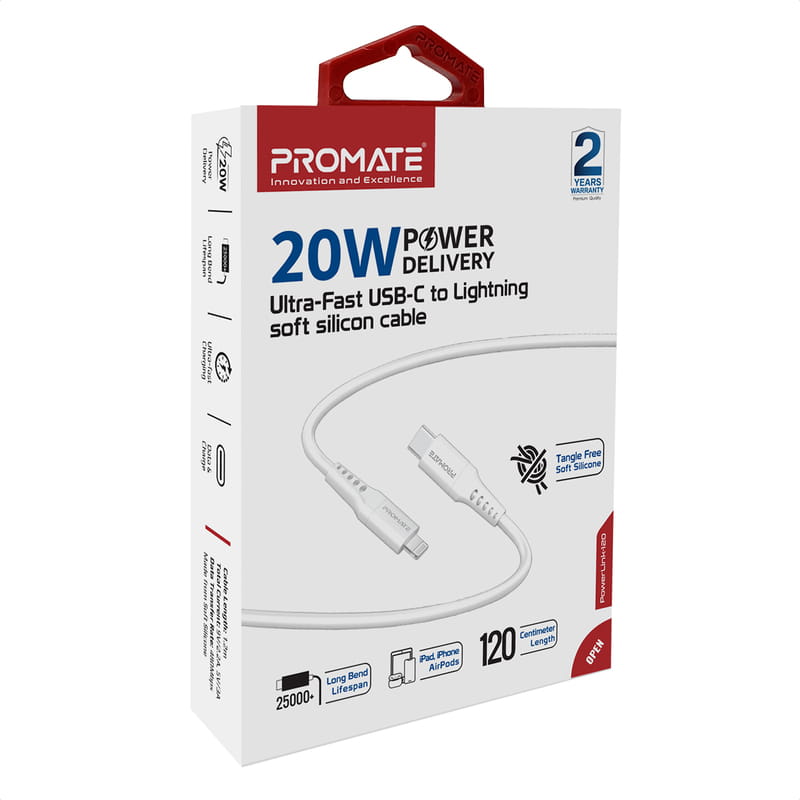 Кабель Promate PowerLink USB Type-C - Lightning (M/M), 1.2 м, White (powerlink-120.white)