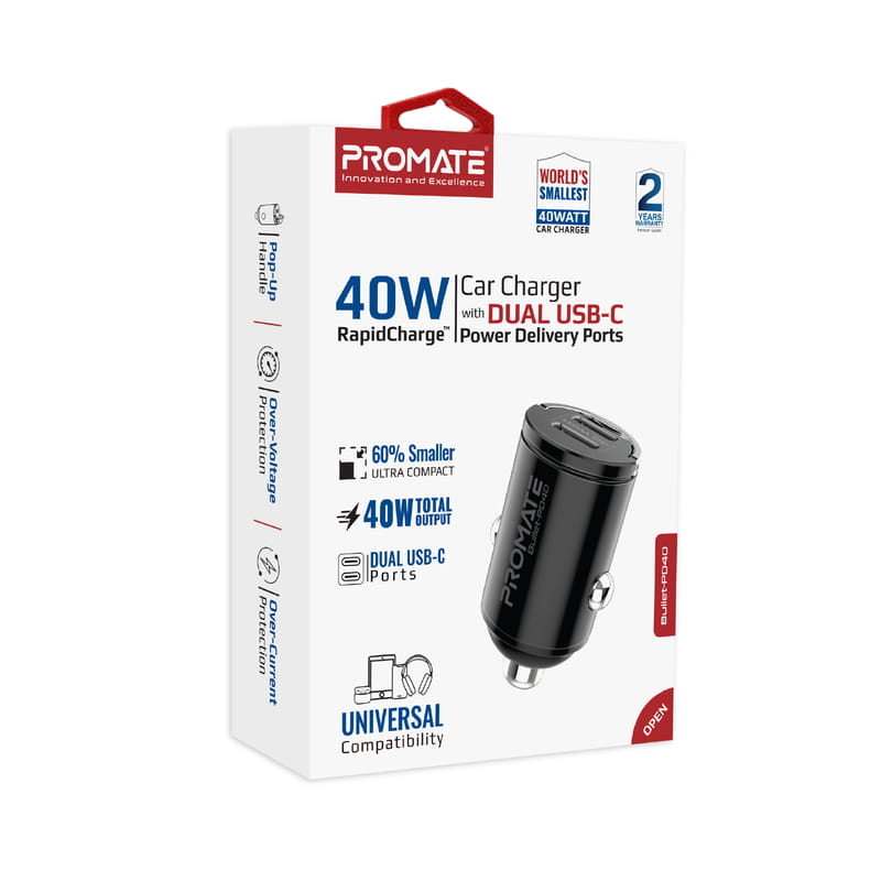 Автомобильное зарядное устройство Promate Bullet-PD40 Black
