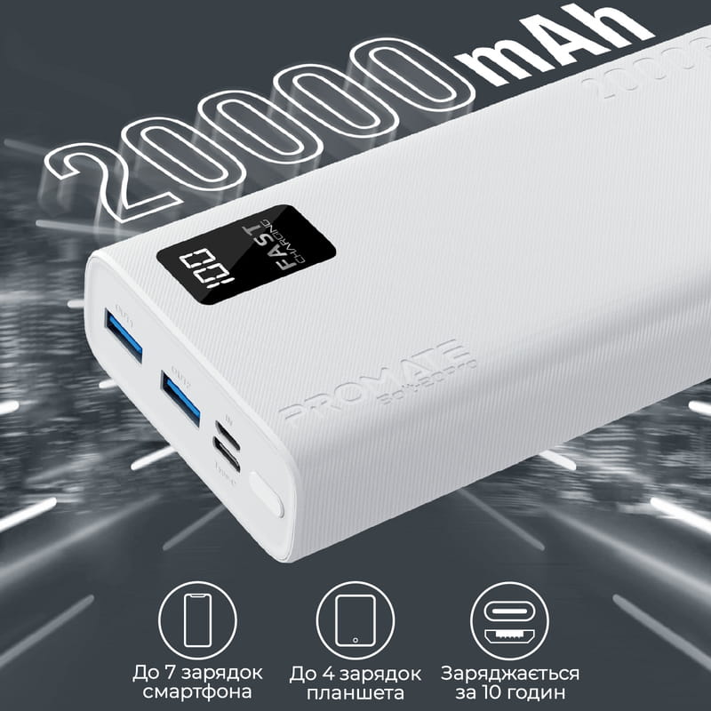 Універсальна мобільна батарея Promate Bolt-20Pro White 20000mAh