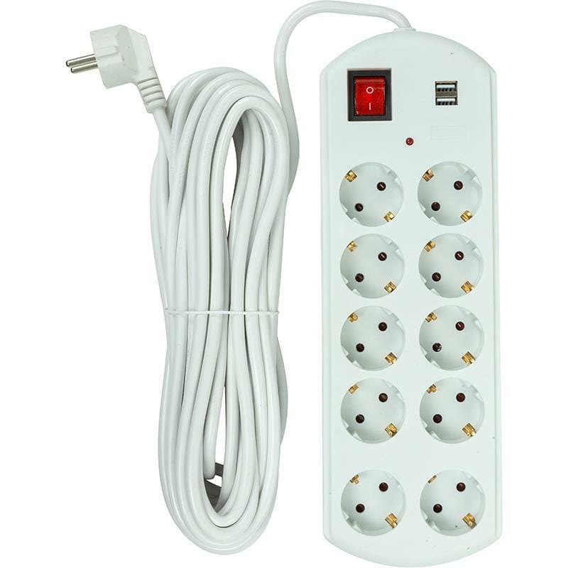 Фильтр питания PowerPlant YS-N6065/10 (EX610563) 10 розеток, 2xUSB, 10 м, евростандарт, белый