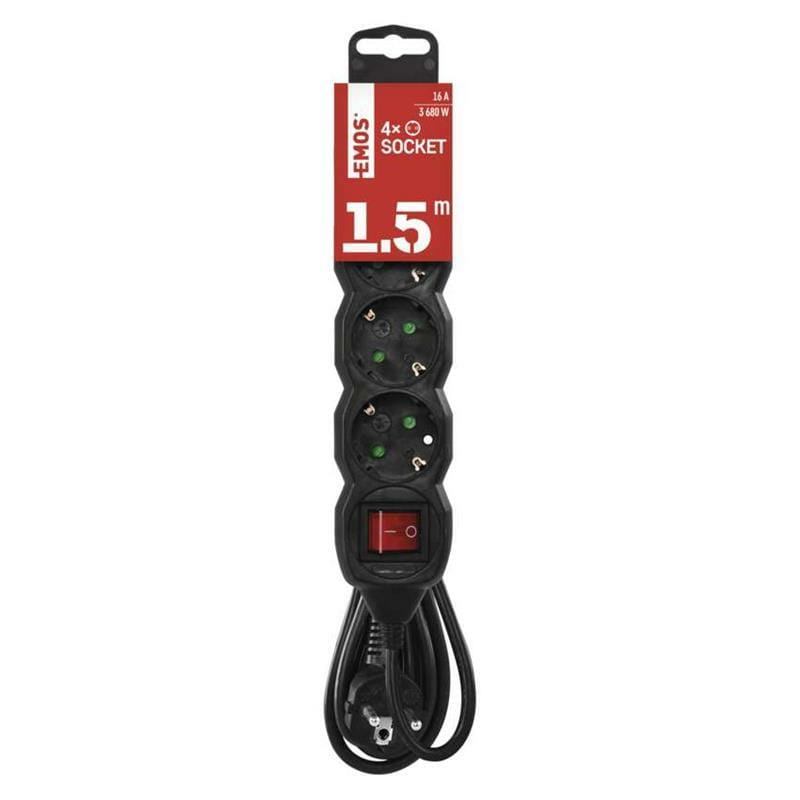 Фильтр питания Emos (PC1421R) с выключателем, 4 розетки, 1.5м, Black