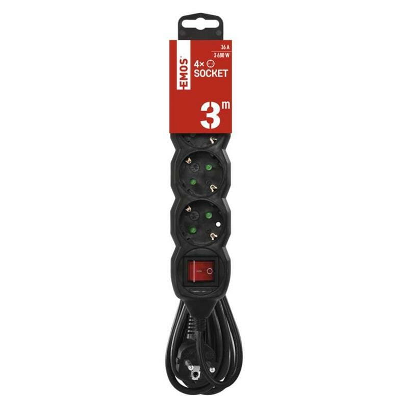 Фильтр питания Emos (PC1423R) с выключателем, 4 розетки, 3м, Black