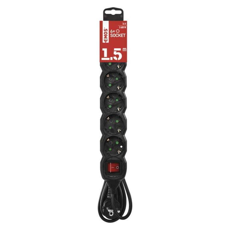 Фильтр питания Emos (PC1621R) с выключателем, 6 розеток, 1.5м, Black