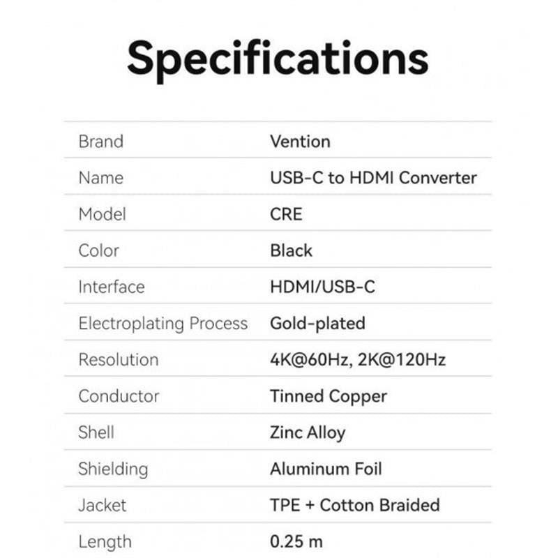 Кабель Vention HDMI - USB Type-C V 2.0 (F/M), 0.25 м, Grey (CREBC)