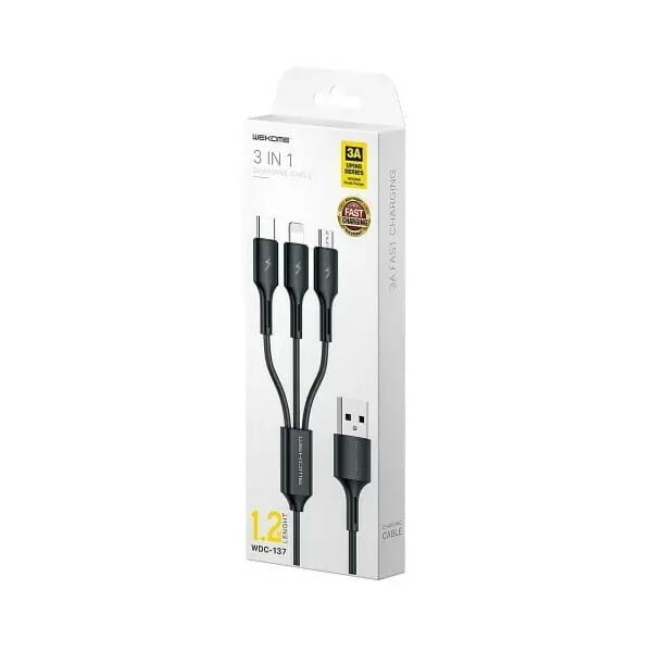 Кабель WK WDC-137 Upine Series 3-in-1 USB - Lightning + micro USB + USB Type-C (M/M), 1.2 м, Black (6941027616284)