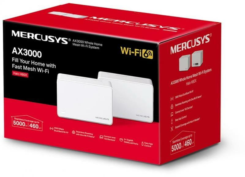 WiFi Mesh система Mercusys Halo H80X 2-pack (AX3000, 3хGE WAN/LAN, Beamforming, MU-MIMO, OFDMA)