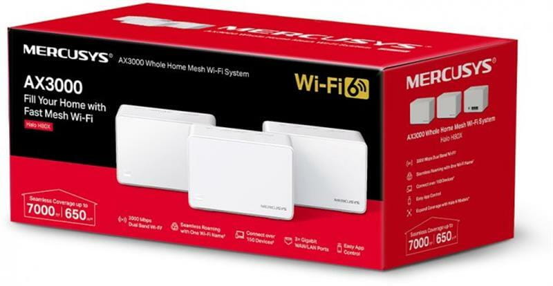 WiFi Mesh система Mercusys Halo H80X 3-pack (AX3000, 3хGE WAN/LAN, Beamforming, MU-MIMO, OFDMA)