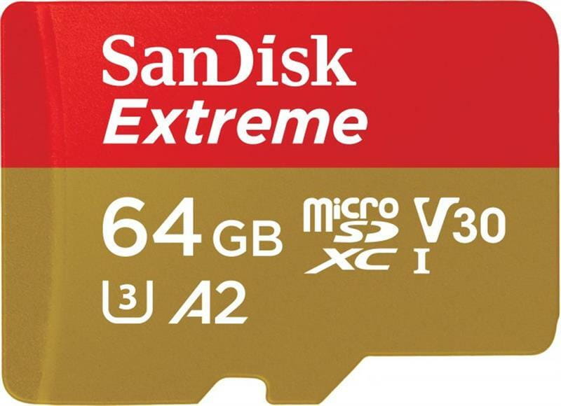 Карта пам`ятi MicroSDXC 64GB C10 UHS-I SanDisk Extreme V30 U3 R170/W80MB/s + SD (SDSQXAH-064G-GN6MA)