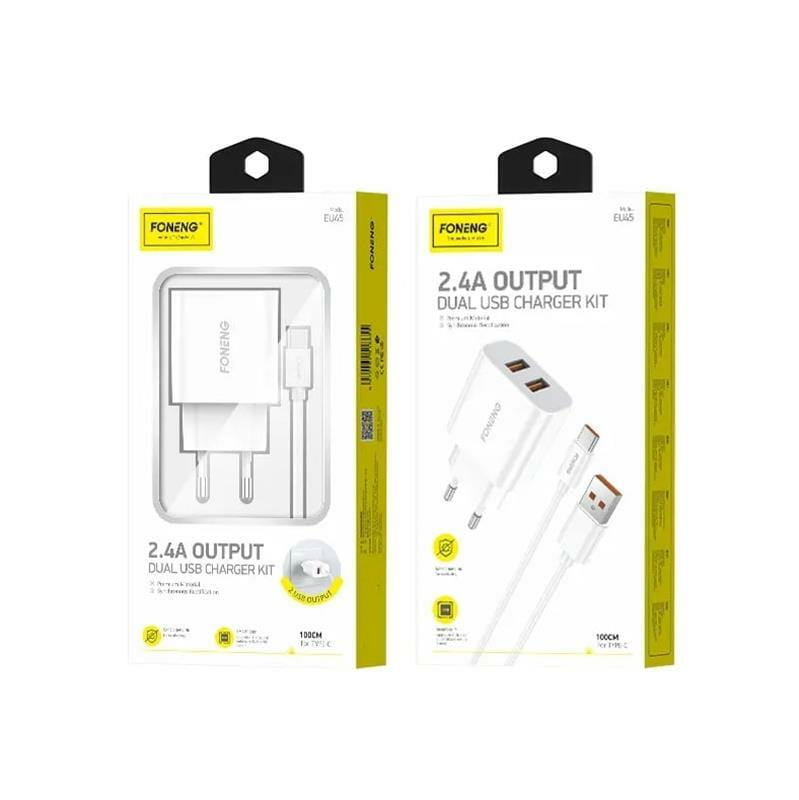 Мережевий зарядний пристрій Foneng EU45 Dual USB Charger (2USBх2.4A) White (EU45-CH-TC) + кабель USB Type C