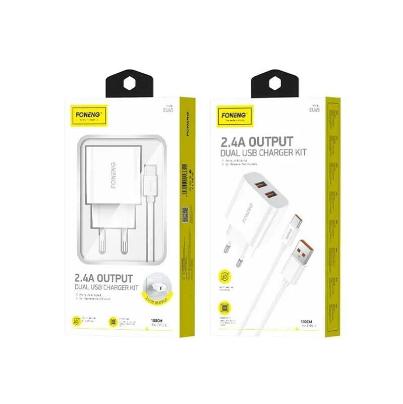 Сетевое зарядное устройство Foneng EU45 Dual USB Charger (2USBх2.4A) White (EU45-CH-TC) + кабель USB Type C